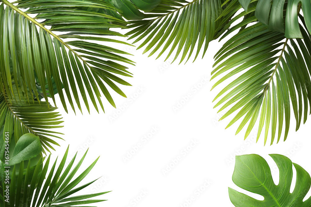 Naklejka premium Lush Green Tropical Leaves Frame on Black Background