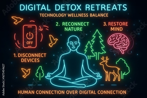 Neon Technology Wellness Balance with Glowing Devices and Mindfulness Symbols for Digital Detox Concept,

