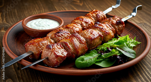 Georgia – Mtsvadi (Pork Neck Skewers). large chunks of pork neck marinated in pomegranate juice, grilled over grapevine cuttings