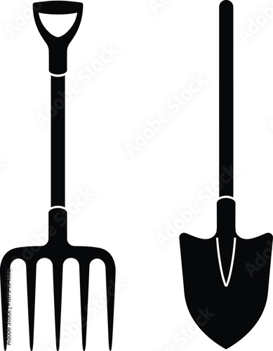 Gardening tools collection with garden fork, spade, and shovel for outdoor gardening, farming, yard work, planting, and digging activities.