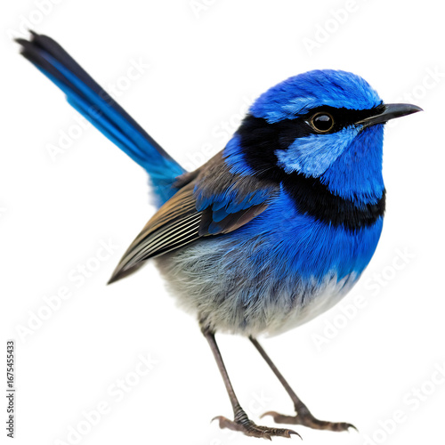 A vibrant fairy wren perched gracefully against a plain white backdrop showcasing its brilliant plumage