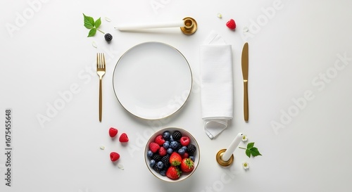 Elegant Table Setting with Berries, Gold Accents, and Minimalist