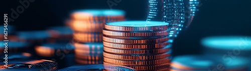 Stack of Golden Coins with Digital Data Stream, Finance, Technology