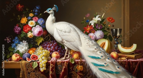 Elegant White Peacock Perched Amidst Vibrant Flowers and Ripe Fr