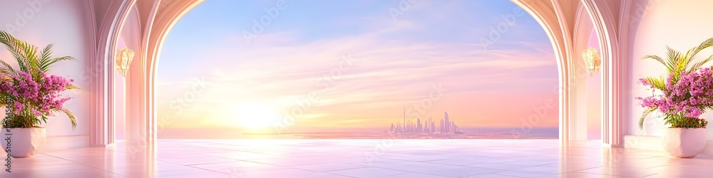 Obraz premium A large archway with a view of a city and a sunset