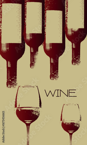 Collection of alcohol bottles, glasses, grunge illustration, distressed texture, perfect for restaurant poster, alcohol menu, wine list. Drink party, wine tasting, kitchen decor, wine bar, booze, red 