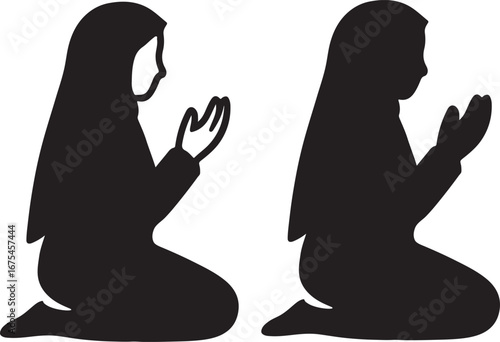 Two Muslim women in hijab praying together in a peaceful spiritual moment.