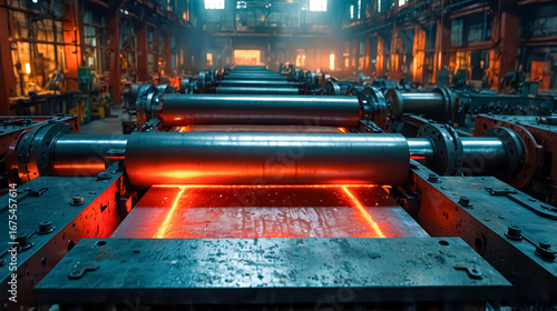 Top-Down View of Red-Hot Steel Sheet in Rolling Mill
