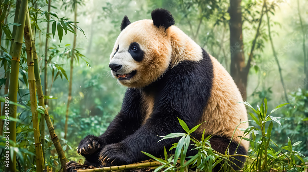 Fototapeta premium Cute Panda Eating Bamboo in Forest Among Greenery