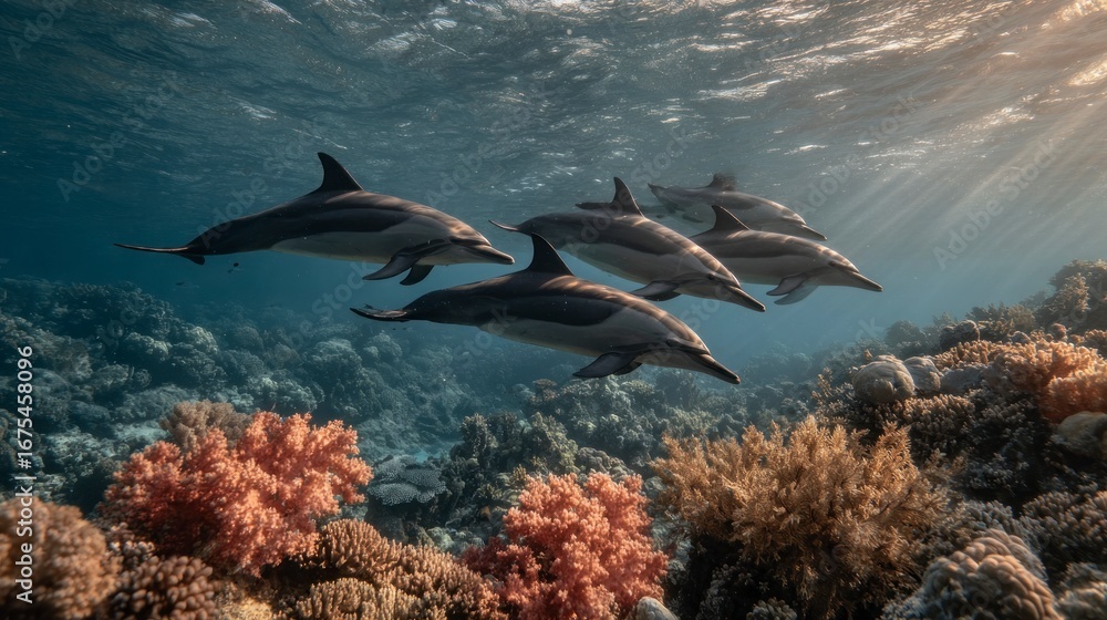 Fototapeta premium Dolphins swimming coral reef