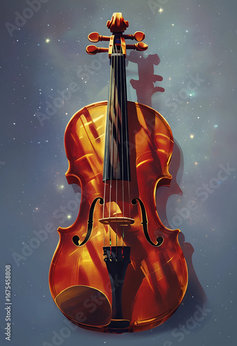 Wallpaper Mural disegno di un violino di legno color oro-marrone contro uno sfondo futuristico surreale, drawing of a wooden violin in golden-brown color against a surreal futuristic background Torontodigital.ca