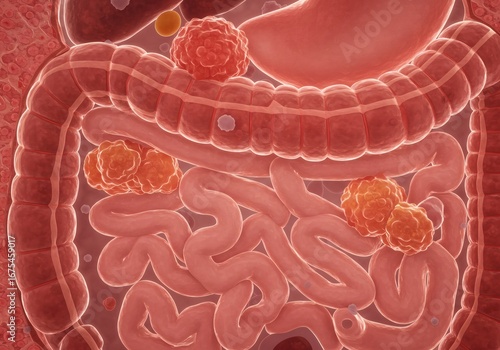 Medical 3D illustration of cancerous tumors and malignant growths in the human intestine