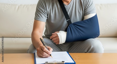 Man with broken arm signs paperwork for insurance claim