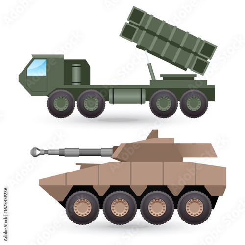 Set modern military ground forces equipment featuring a rocket launcher and an armored vehicle vector set