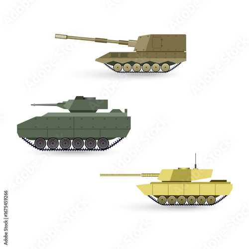 Set vector illustration set of various combat tanks and armored fighting vehicles on a white background
