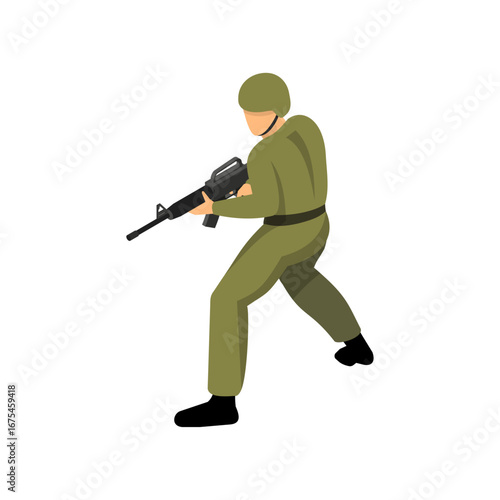 Flat vector illustration of a military soldier in combat uniform aiming an assault rifle