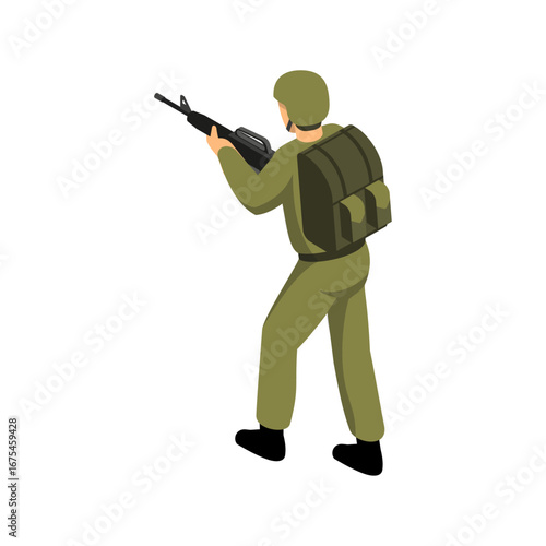 Isometric vector illustration of a military soldier in uniform holding a rifle and backpack