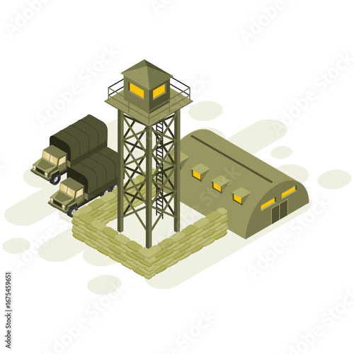 Set detailed Isometric View of a Military Base with a Guard Tower, Barracks, and Army Trucks for Defense