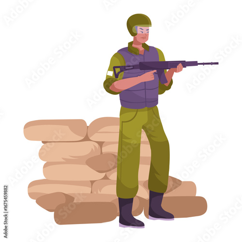 Soldier in uniform standing guard with weapon, near a barrier of sandbags