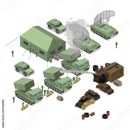Set isometric military base setup with vehicles, weapons, and structures