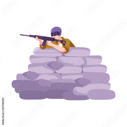 Vector Illustration Soldier Aiming from Sandbag Bunker