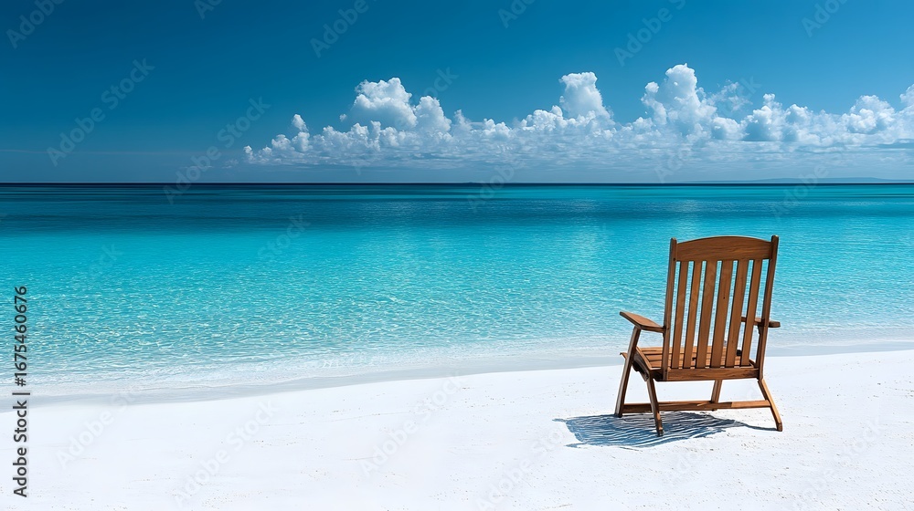 Obraz premium Relaxing empty chair on a tranquil beach with clear turquoise waters and white sand under a blue sky