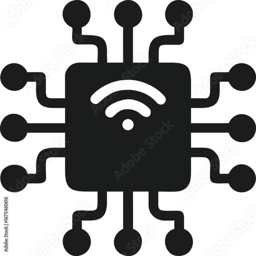 Dark Gray Icon of a Microchip with Wi- Fi Symbol and Connections technology circuit