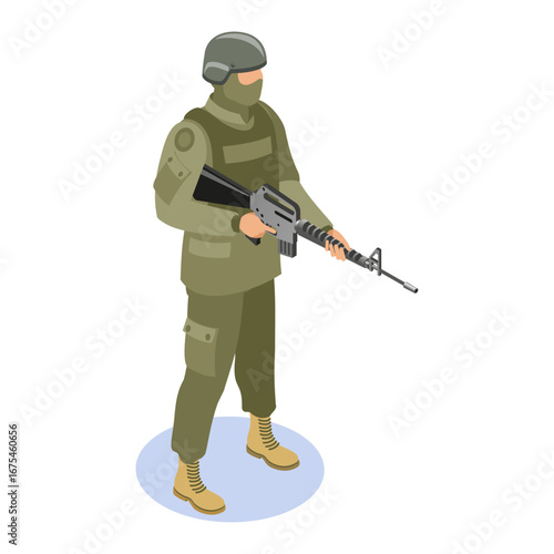 A modern army soldier in full tactical uniform with an assault rifle, isometric vector art