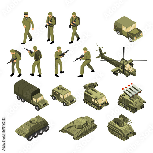 Set Isometric Military Force Set with Army Soldiers, Tanks, Helicopter and Vehicles