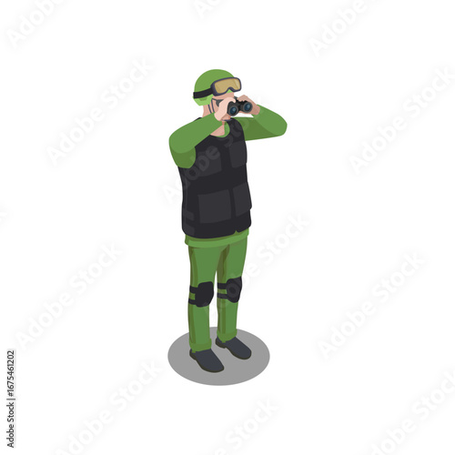 Isometric illustration of a soldier in tactical gear looking through binoculars