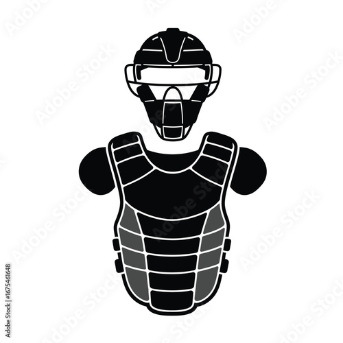 Black catcher mask and chest protector baseball