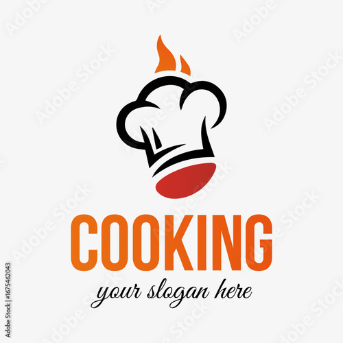 Creative logo for cooking master class or restaurant with chef hat element. Vector style