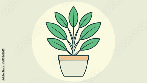 Flat Design Potted Plant with Green Leaves on Light Yellow Circle Background houseplant foliage