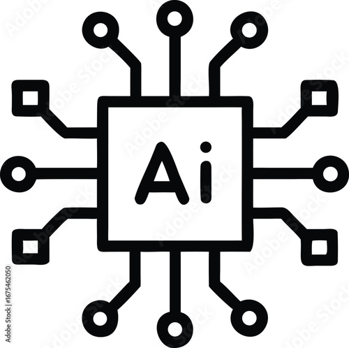 Outline icon of a computer microchip with ' Ai' and radiating connections on black artificial intelligence