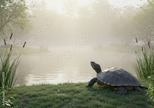 Serene Turtle by Misty Pond A Realistic 3D Render