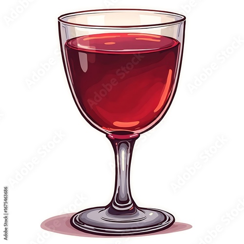 Full Red Wine Glass, Elegant Cartoon Style Drawing on White Background