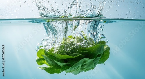 Lettuce Submerged in Water, Creating a Dynamic Splash and Bubble