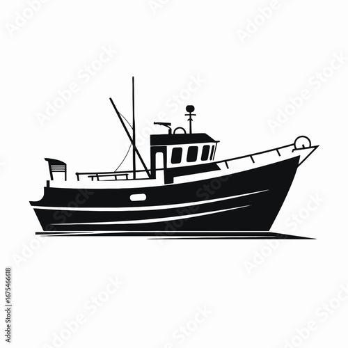 Striking fishing vessel cruising on sea water, graphic bold vector silhouette