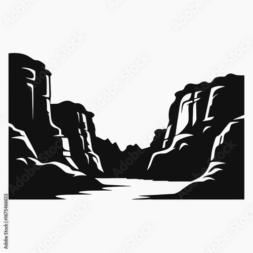 Majestic grand canyon landscape with river, a monochromatic vector gorge silhouette