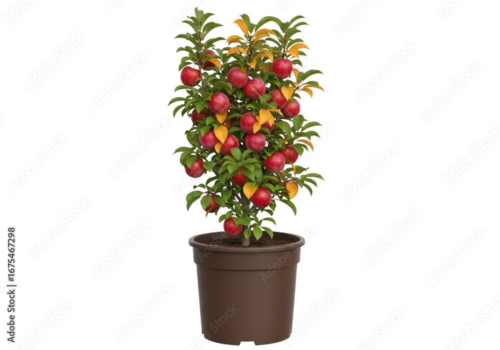Fototapeta premium A vibrant tree in a dark brown pot, showcasing ripe red apples and vibrant autumnal leaves.