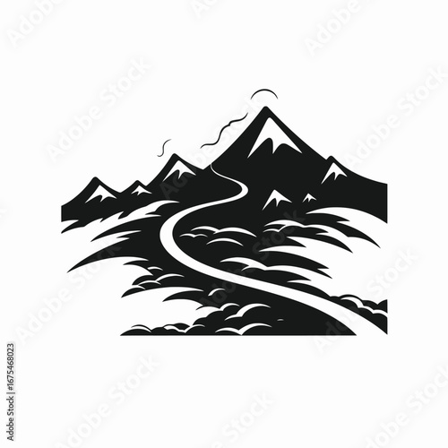 Majestic mountain landscape with a winding road black and white silhouette