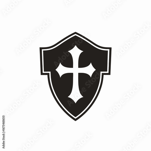 Bold Christian cross centered in gothic shield emblem vector silhouette