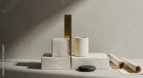Wallpaper Mural Minimalist architectural still-life mockup with alabaster plinth, matte ceramic vessel, brass divider, basalt disc, and vellum sheet in soft daylight. Refined, unbranded, editorial. Torontodigital.ca