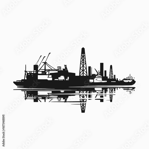 Dramatic oil platform and ships reflect in water surface silhouette
