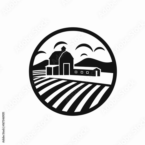 Scenic countryside agricultural landscape design with barn, field and mountain silhouette