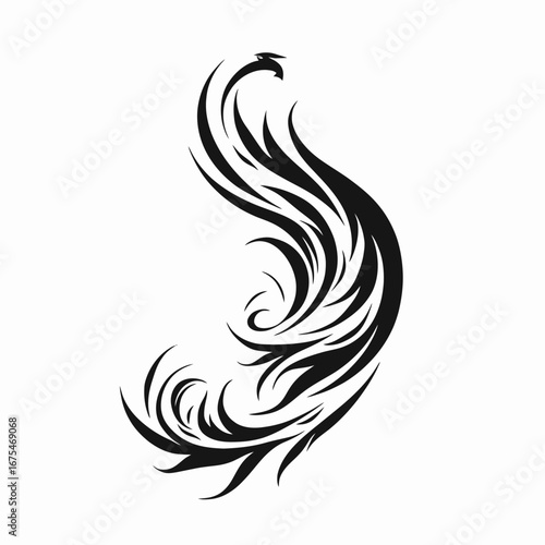 Decorative black phoenix ascending in artistic tribal style tattoo illustration silhouette