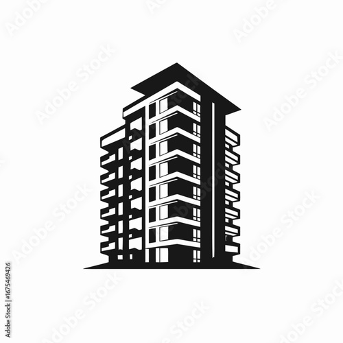 Modern architecture displays sleek contemporary building with apartment balconies, a dynamic silhouette