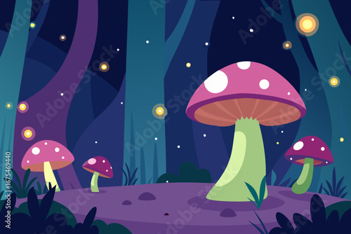 Enchanting forest scene with glowing mushrooms and fireflies at night