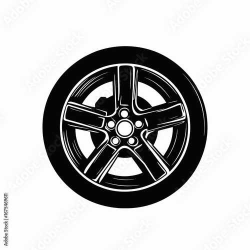 Sleek modern car wheel with radial spokes design in black silhouette