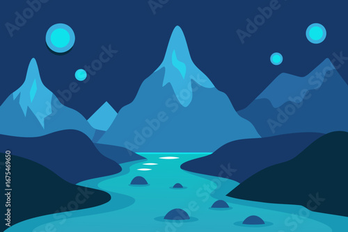 Stylized mountain landscape with glowing orbs and a river
